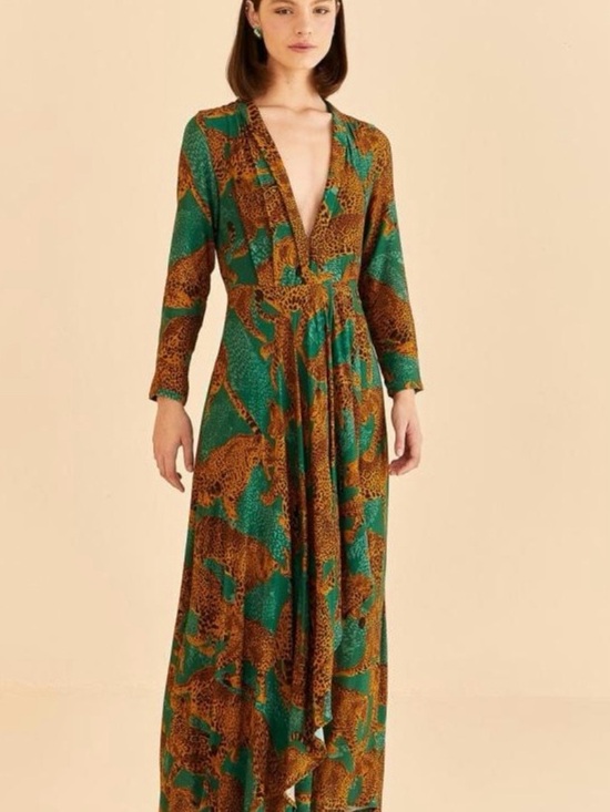 FARM Rio Dresses & Skirts - FARM Rio Green and Brown Leopard-Print V-Neck Maxi Dress XL